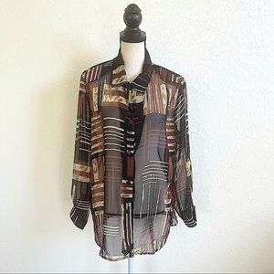 J.K.S. Designs Vintage Geometric Sheer Button Down Blouse Shoulder Pads Large
